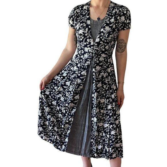 Vintage 1990s Navy Blue White Floral Cottagecore Hippy Rayon Maxi Dress Sz M - Picture 5 of 9